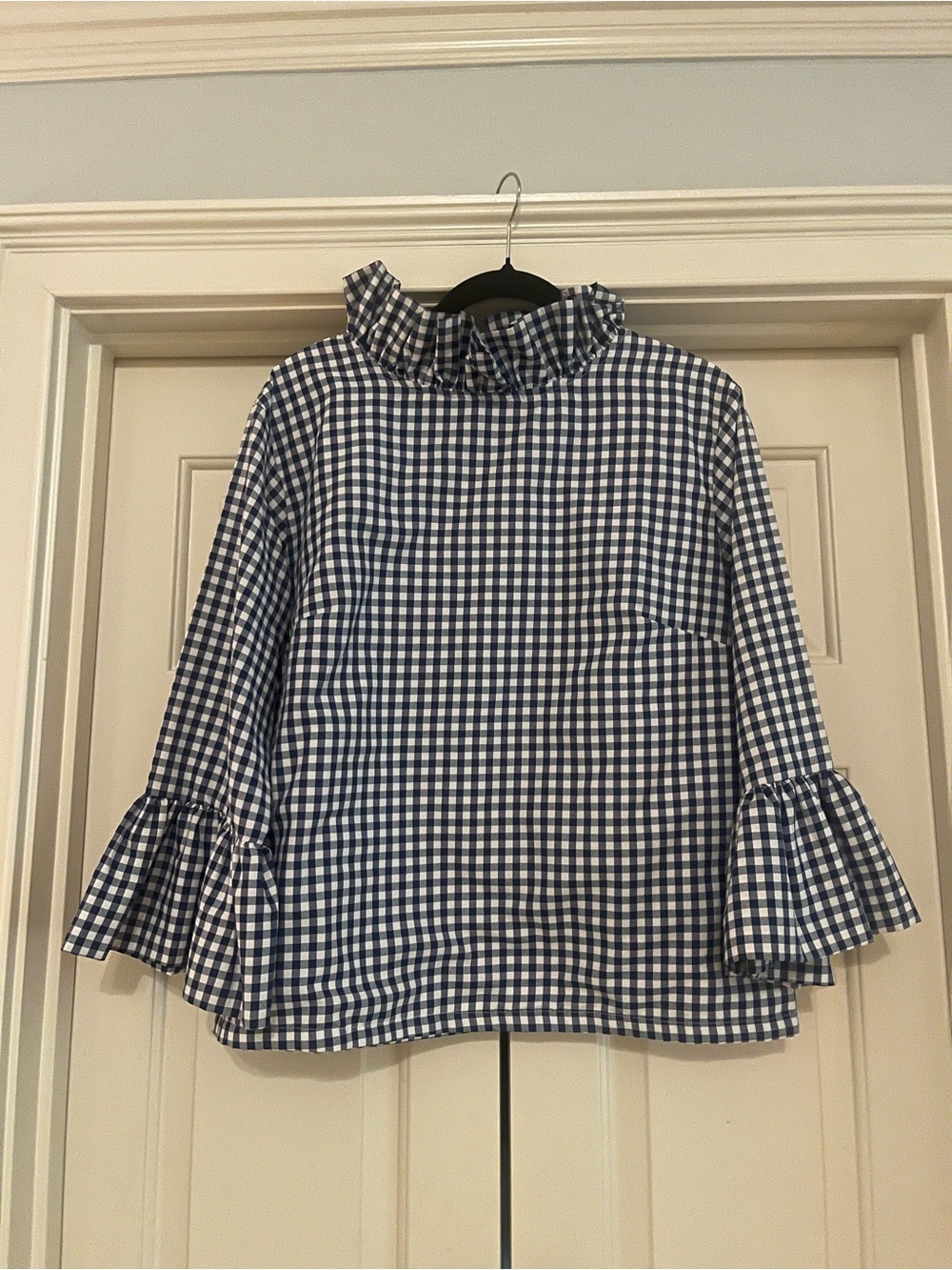 Elizabeth Wilson Designs Blue Gingham Ruffle Neck Blouse - Women's Top